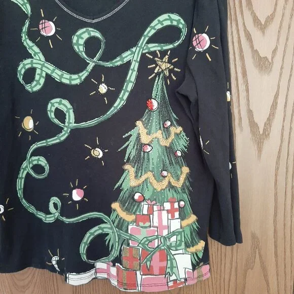 Jess & Jane Top Women Large Black Christmas Tree Presents V-Neck Top XL - Picture 4 of 7